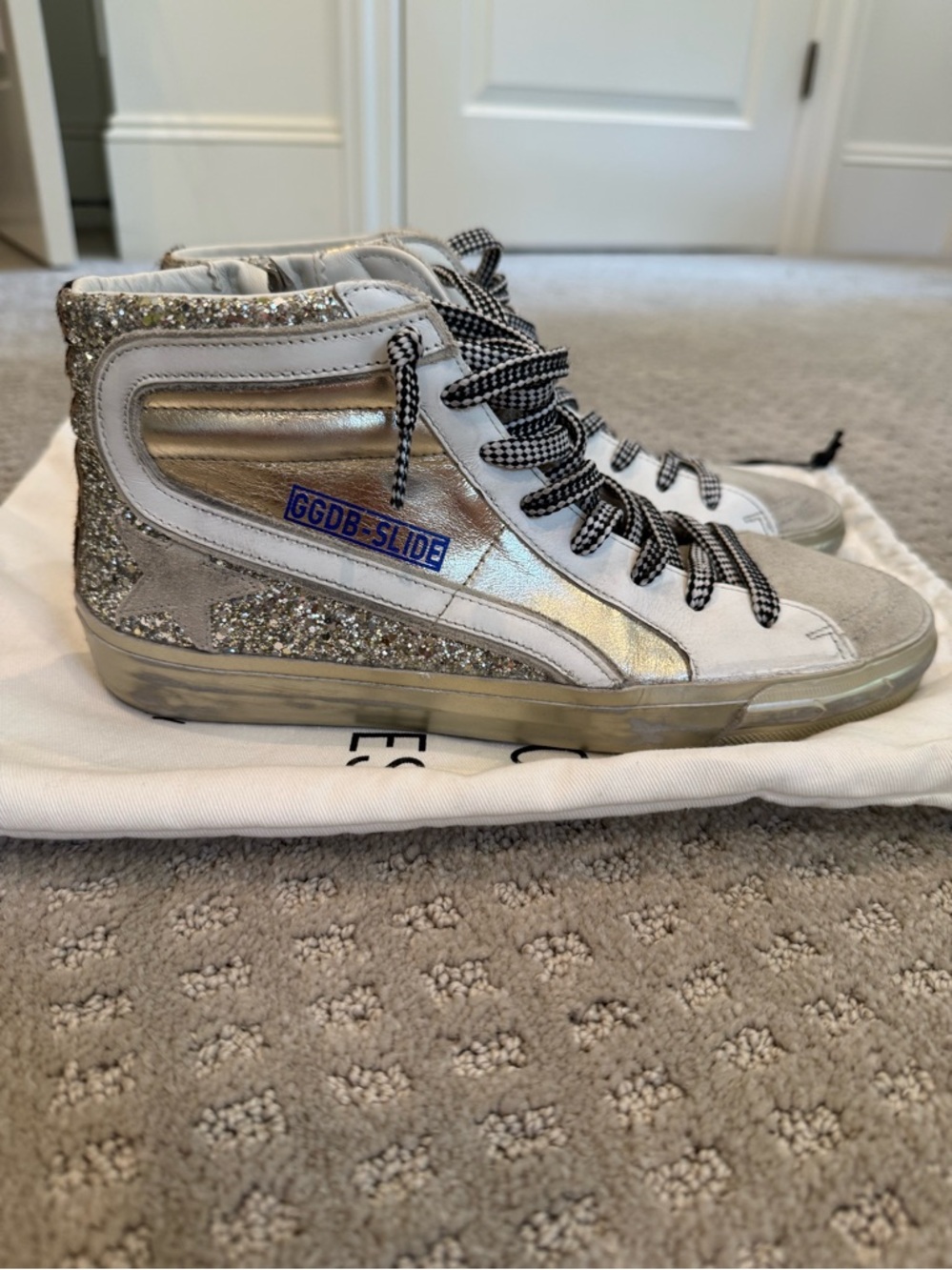 Golden Goose Slide Silver Glitter High-Top Sneakers Size 40/10 AUTHENTIC - Picture 2 of 14
